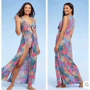 Kona Sol Cover Up Duster Womens Size Med Sleeveless Tie-Front Multicolor Tropic